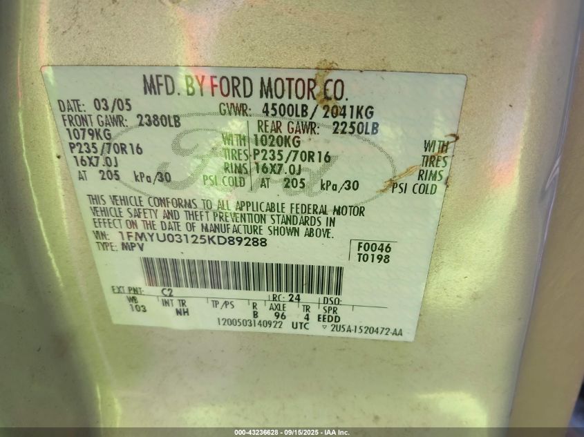2005 Ford Escape Xlt VIN: 1FMYU03125KD89288 Lot: 43236628