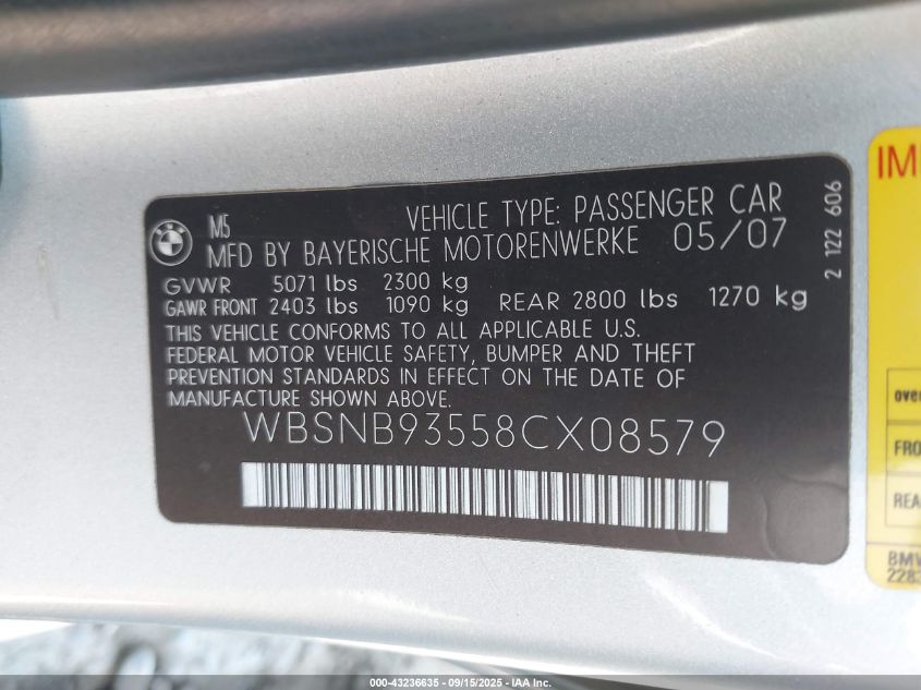 2008 BMW M5 VIN: WBSNB93558CX08579 Lot: 43236635