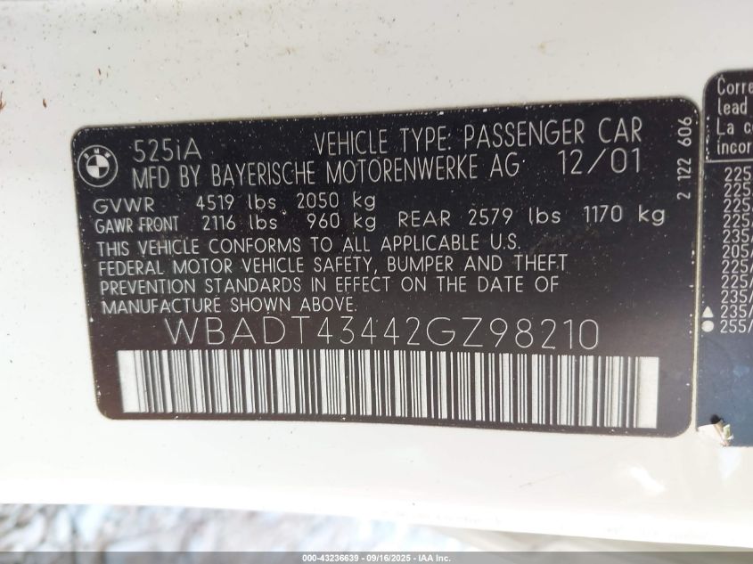 2002 BMW 525Ia VIN: WBADT43442GZ98210 Lot: 43236639