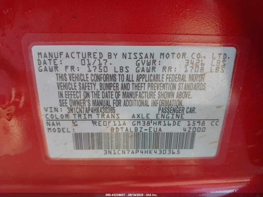 2017 NISSAN VERSA 1.6 SV - 3N1CN7AP4HK430365