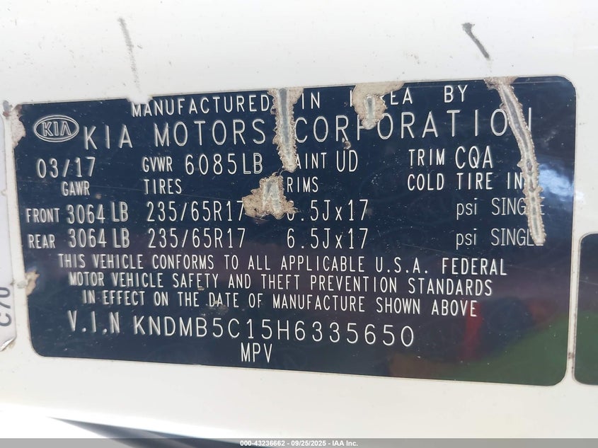 2017 KIA SEDONA LX KNDMB5C15H6335650