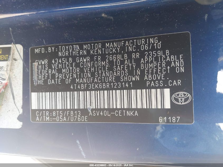 2011 Toyota Camry Le VIN: 4T4BF3EK6BR123141 Lot: 43236663