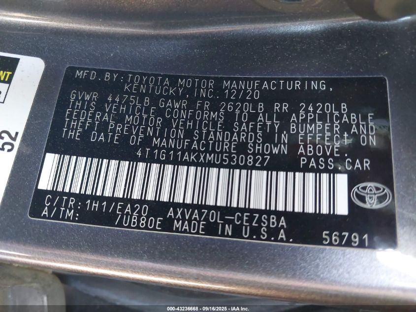 2021 Toyota Camry Se VIN: 4T1G11AKXMU530827 Lot: 43236668