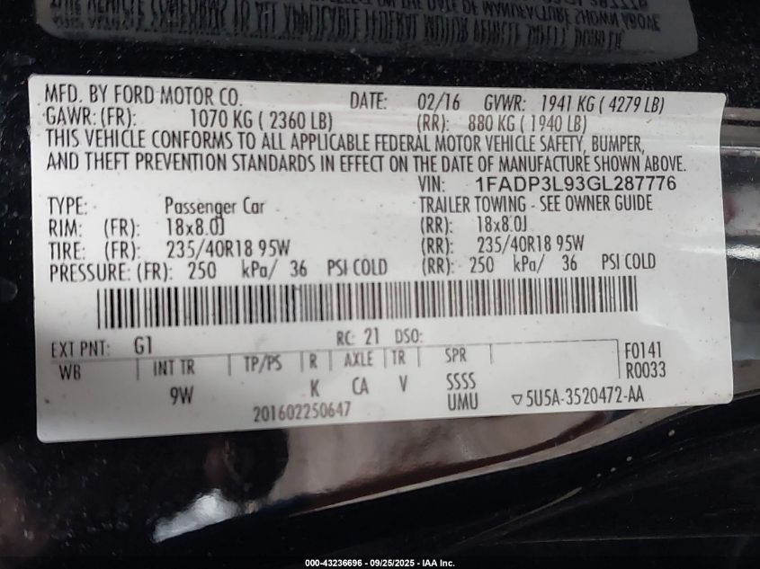 2016 Ford Focus St VIN: 1FADP3L93GL287776 Lot: 43236696