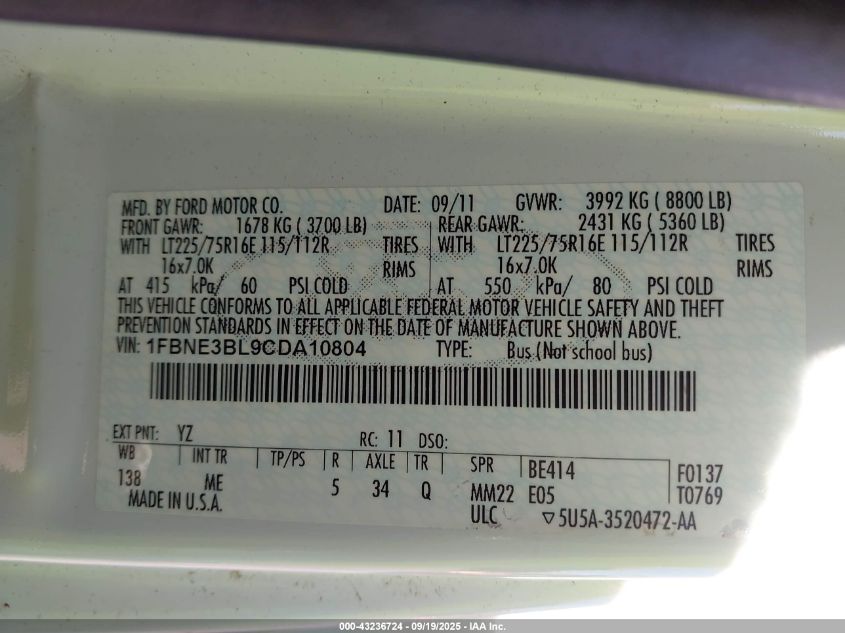 2012 Ford E-350 Super Duty Xlt VIN: 1FBNE3BL9CDA10804 Lot: 43236724