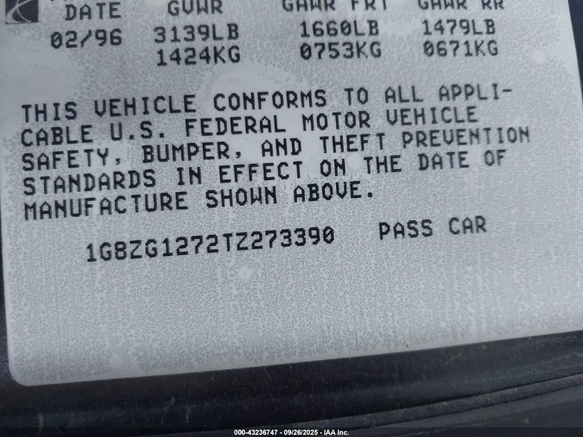 1996 Saturn Sc2 VIN: 1G8ZG1272TZ273390 Lot: 43236747