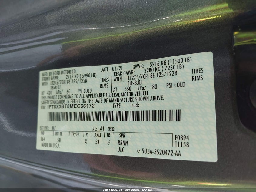 2021 Ford F-350 Lariat VIN: 1FT8X3BT8MEC66172 Lot: 43236753