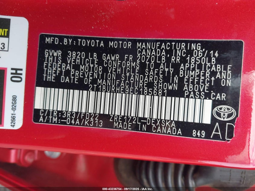 2014 Toyota Corolla S Plus VIN: 2T1BURHE9EC185681 Lot: 43236754