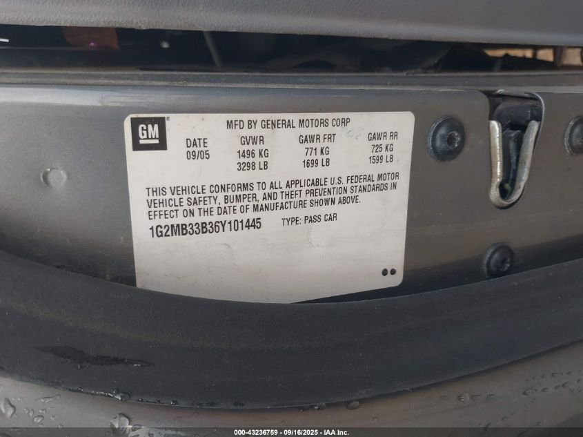 2006 Pontiac Solstice VIN: 1G2MB33B36Y101445 Lot: 43236759