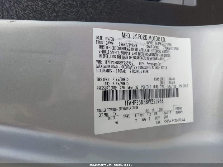 2008 Ford Focus Se/Ses VIN: 1FAHP35N88W255966 Lot: 43236773