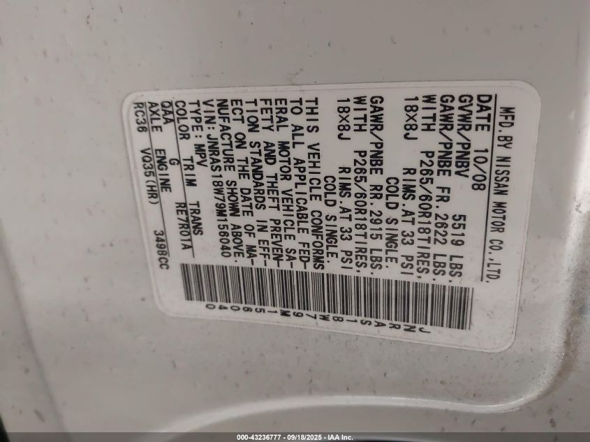 2009 Infiniti Fx35 VIN: JNRAS18W79M156040 Lot: 43236777