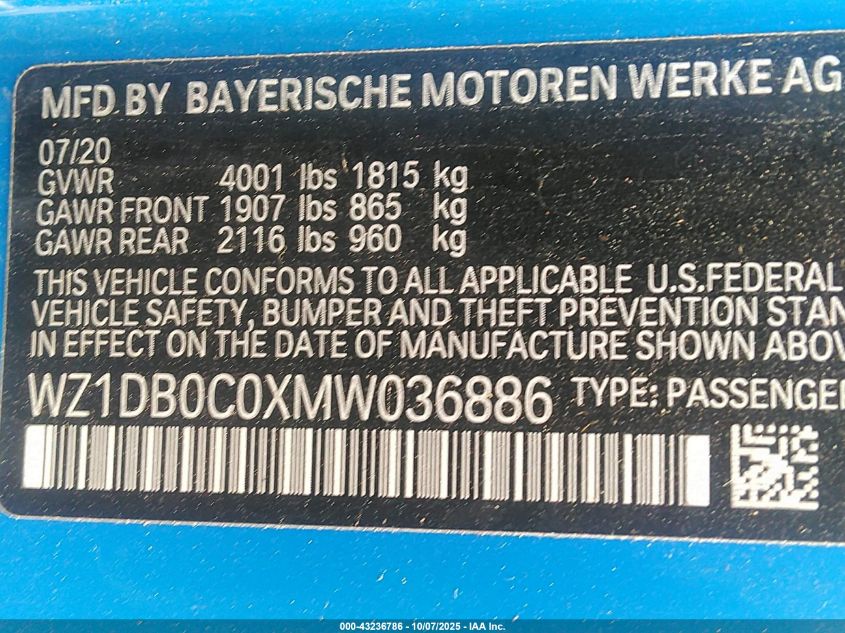 2021 Toyota Gr Supra A91 Edition VIN: WZ1DB0C0XMW036886 Lot: 43236786
