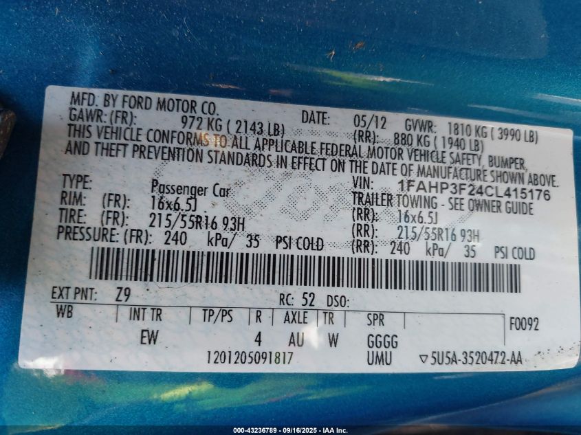 2012 Ford Focus Se VIN: 1FAHP3F24CL415176 Lot: 43236789