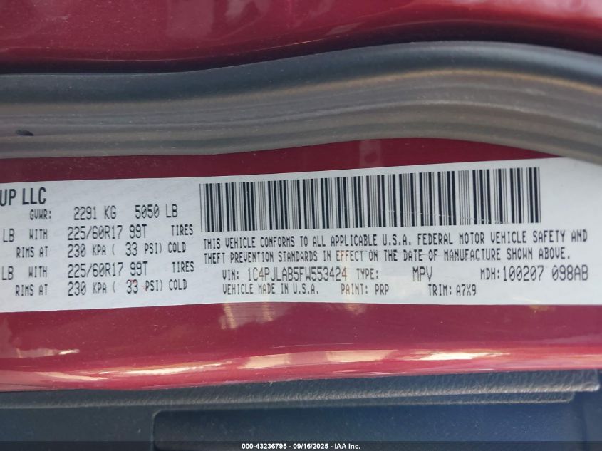 2015 Jeep Cherokee Sport VIN: 1C4PJLAB5FW553424 Lot: 43236795