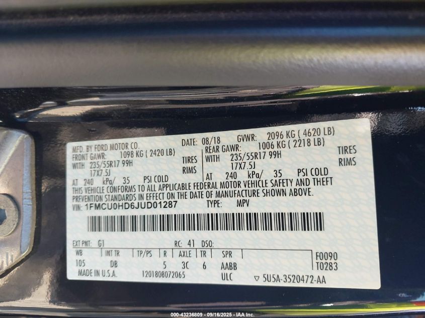 2018 Ford Escape Sel VIN: 1FMCU0HD6JUD01287 Lot: 43236809