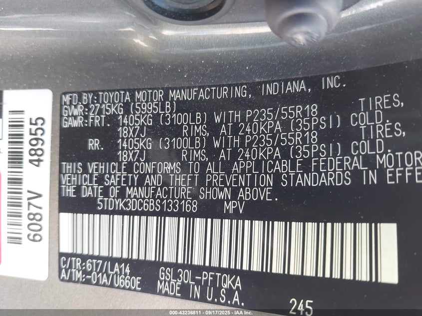 2011 Toyota Sienna Limited V6 VIN: 5TDYK3DC6BS133168 Lot: 43236811