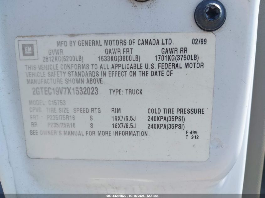 1999 GMC Sierra 1500 Sle VIN: 2GTEC19V7X1532023 Lot: 43236820