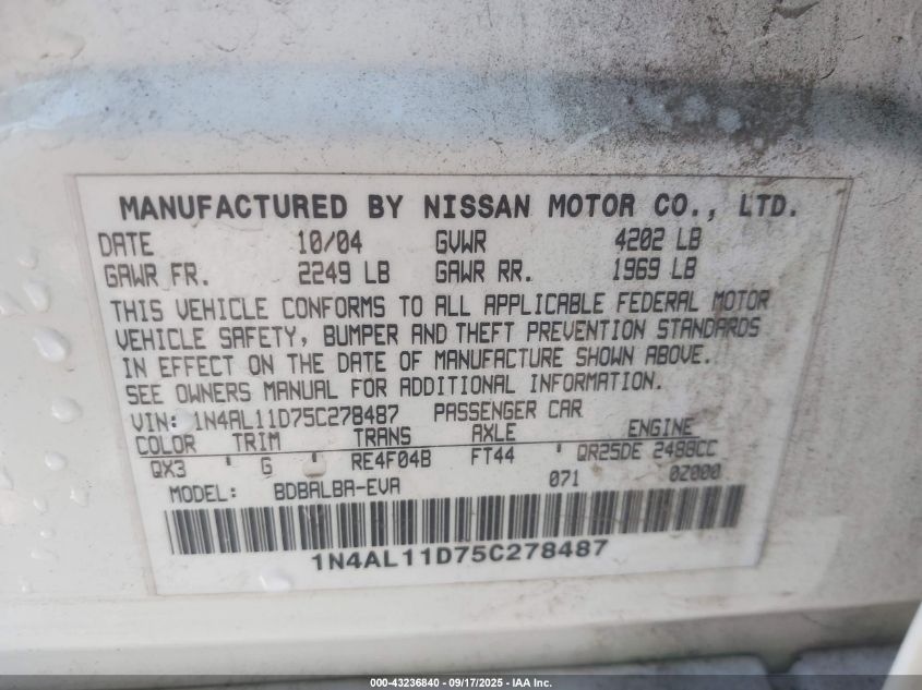 2005 Nissan Altima 2.5 S VIN: 1N4AL11D75C278487 Lot: 43236840