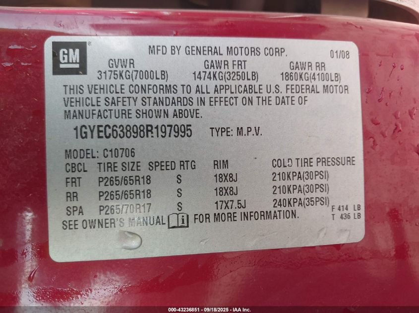 2008 Cadillac Escalade Standard VIN: 1GYEC63898R197995 Lot: 43236851