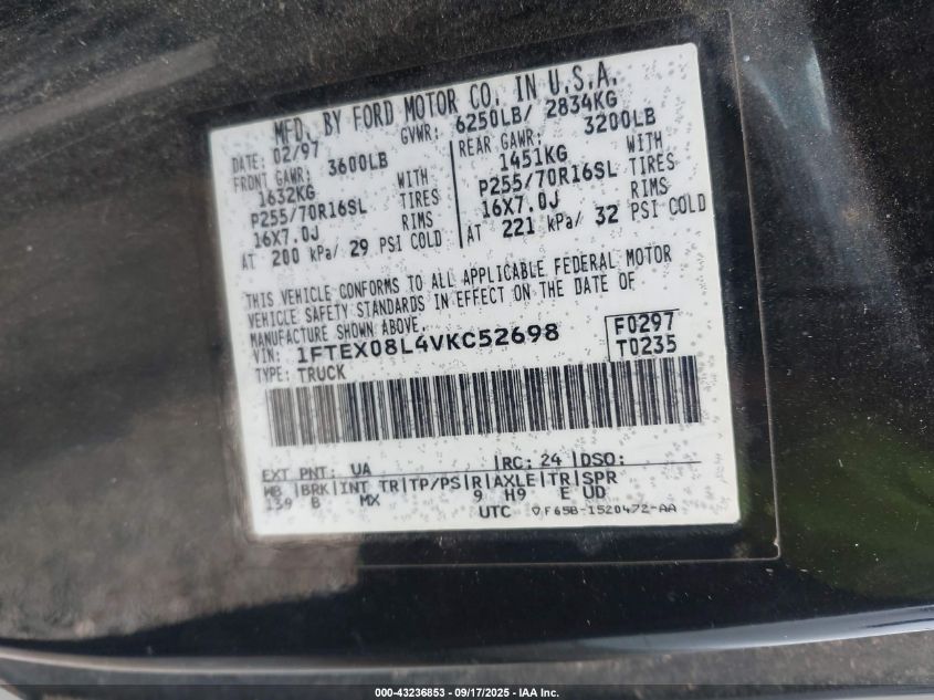 1997 Ford F-150 Lariat/Xl/Xlt VIN: 1FTEX08L4VKC52698 Lot: 43236853
