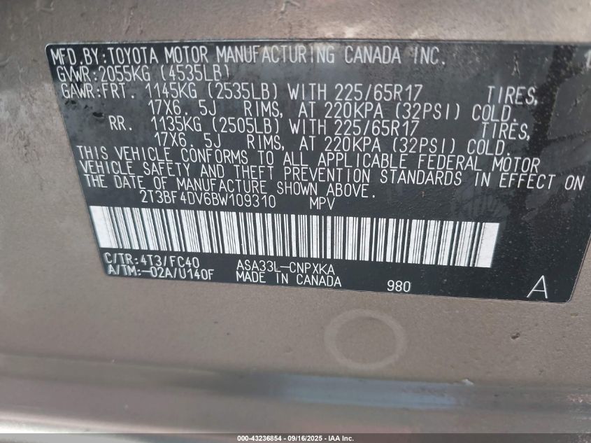 2011 Toyota Rav4 VIN: 2T3BF4DV6BW109310 Lot: 43236854