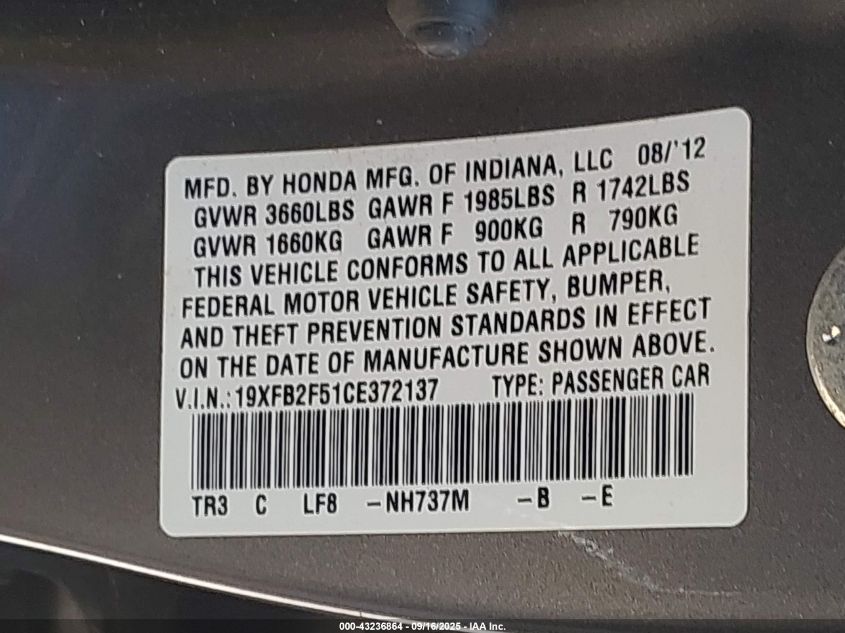 2012 Honda Civic Lx VIN: 19XFB2F51CE372137 Lot: 43236864
