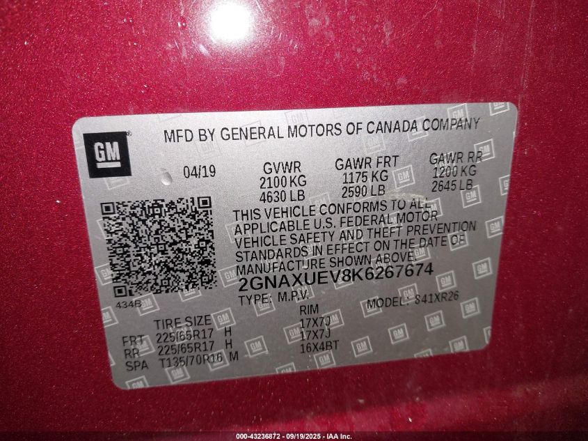 2019 Chevrolet Equinox Lt VIN: 2GNAXUEV8K6267674 Lot: 43236872