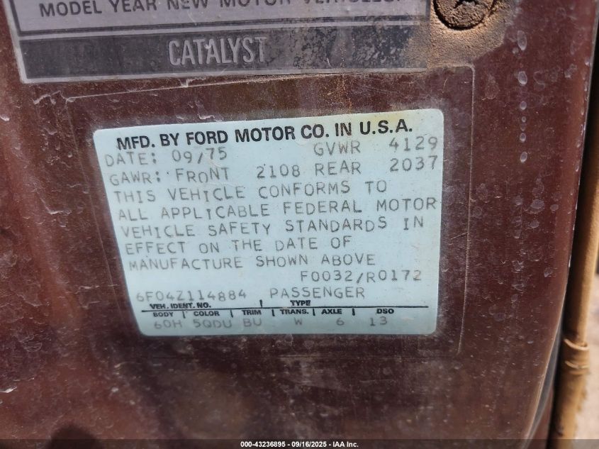 1976 Ford Mustang VIN: 6F04Z114884 Lot: 43236895