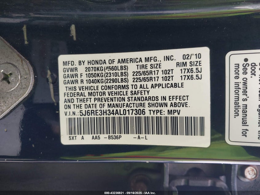 5J6RE3H34AL017306 2010 HONDA CR-V photo no. 9