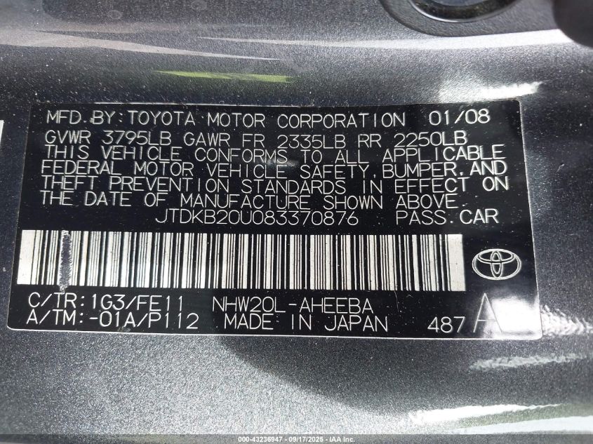 2008 Toyota Prius VIN: JTDKB20U083370876 Lot: 43236947