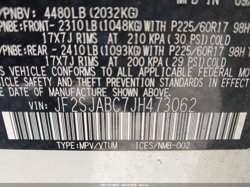 2018 Subaru Forester 2.5I VIN: JF2SJABC7JH473062 Lot: 43236952