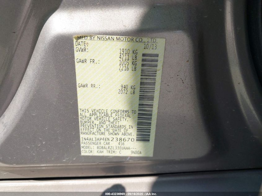 2014 Nissan Altima 2.5 S VIN: 1N4AL3AP4EN238670 Lot: 43236969