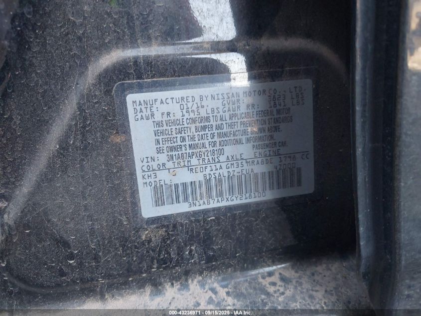 2016 Nissan Sentra Sv VIN: 3N1AB7APXGY218100 Lot: 43236971