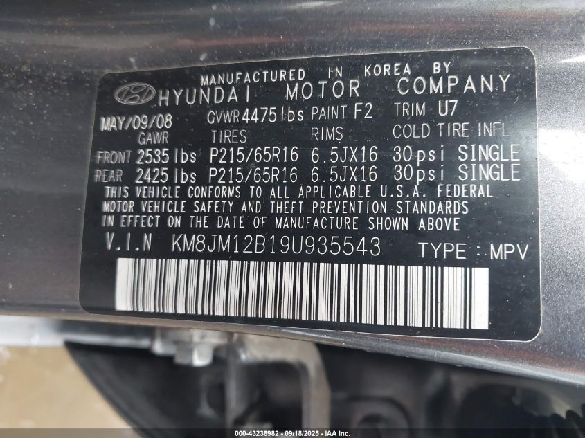 2009 Hyundai Tucson Gls VIN: KM8JM12B19U935543 Lot: 43236982