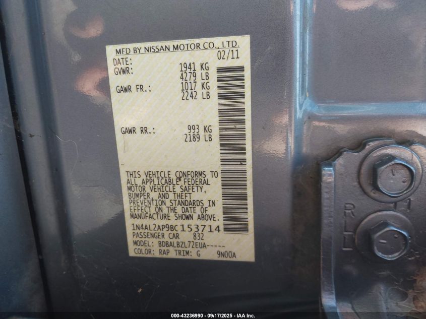 2011 Nissan Altima 2.5 S VIN: 1N4AL2AP9BC153714 Lot: 43236990