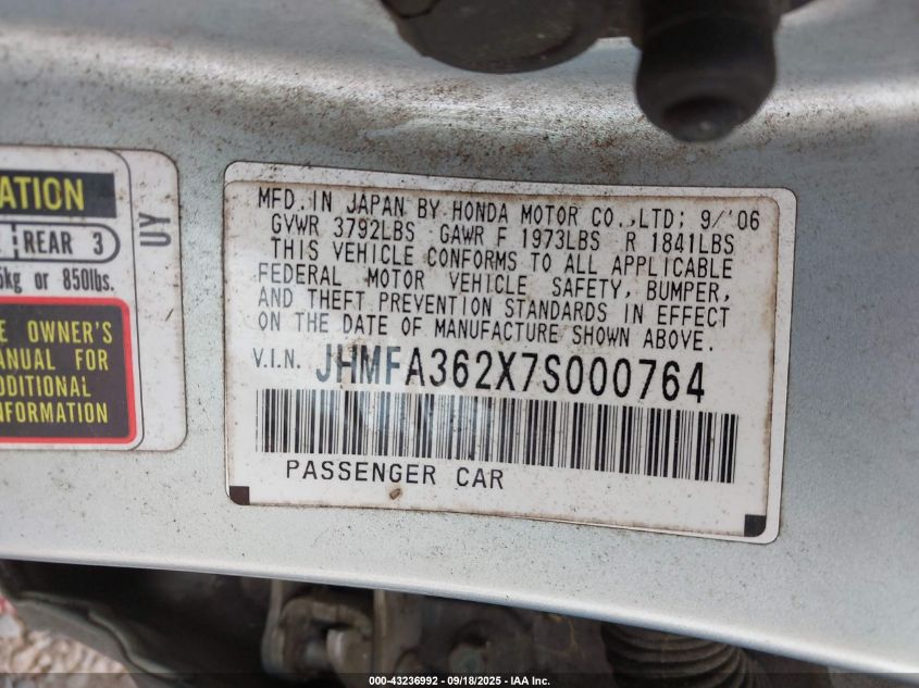 2007 Honda Civic Hybrid VIN: JHMFA362X7S000764 Lot: 43236992