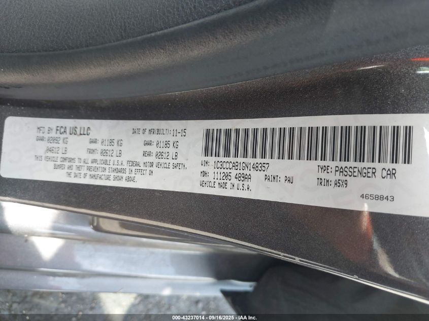 2016 Chrysler 200 Limited VIN: 1C3CCCAB1GN148357 Lot: 43237014