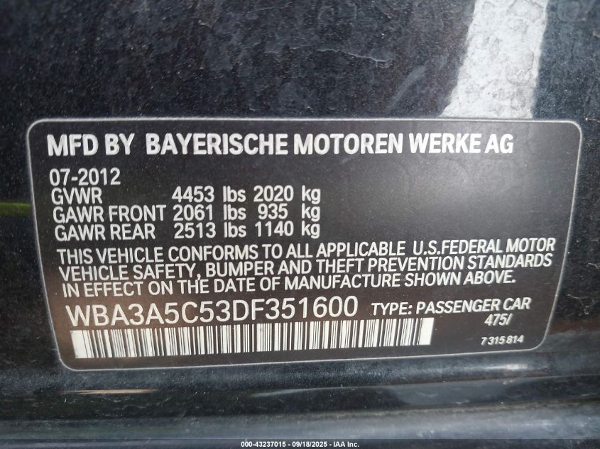 2013 BMW 328I VIN: WBA3A5C53DF351600 Lot: 43237015