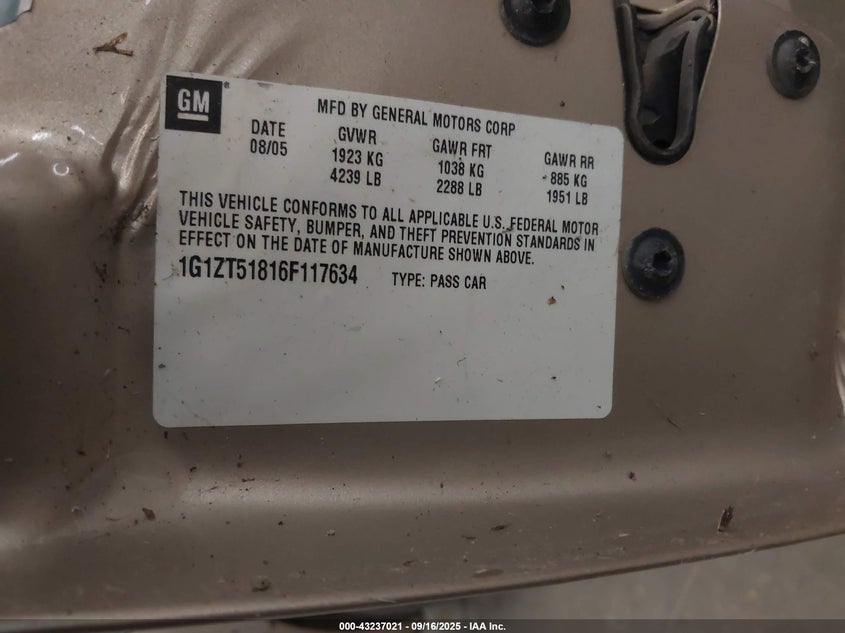 2006 Chevrolet Malibu Lt VIN: 1G1ZT51816F117634 Lot: 43237021