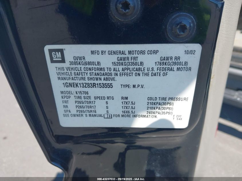 2003 Chevrolet Tahoe Z71 VIN: 1GNEK13Z83R153555 Lot: 43237033