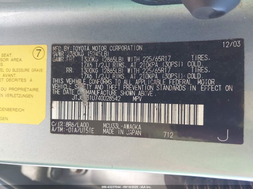 2004 Lexus Rx 330 VIN: JTJGA31U740028542 Lot: 43237044