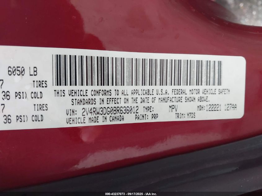 2011 Volkswagen Routan Se VIN: 2V4RW3DG0BR636012 Lot: 43237073