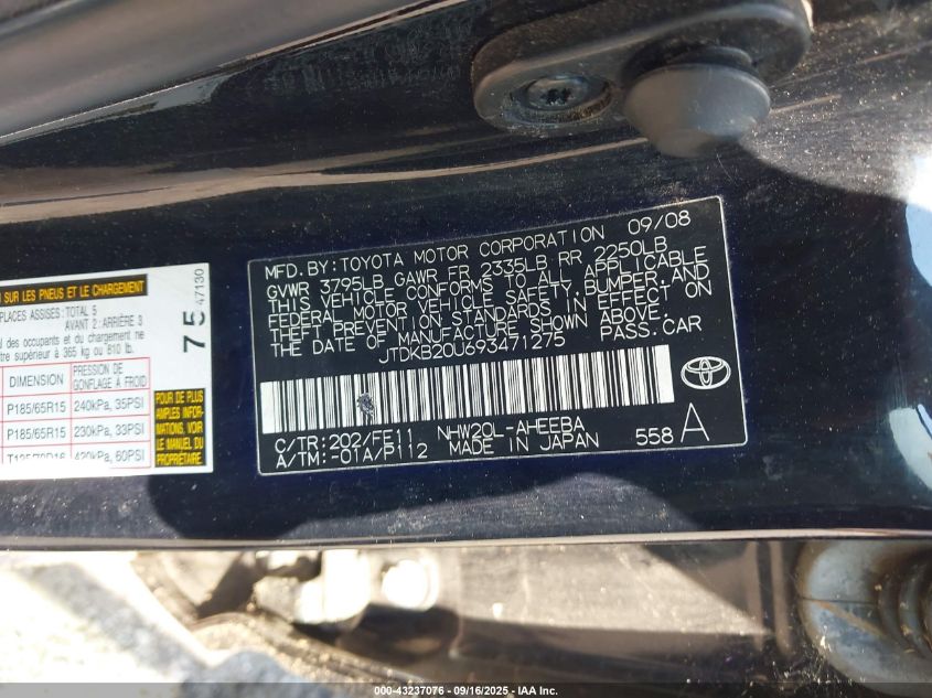 2009 Toyota Prius VIN: JTDKB20U693471275 Lot: 43237076