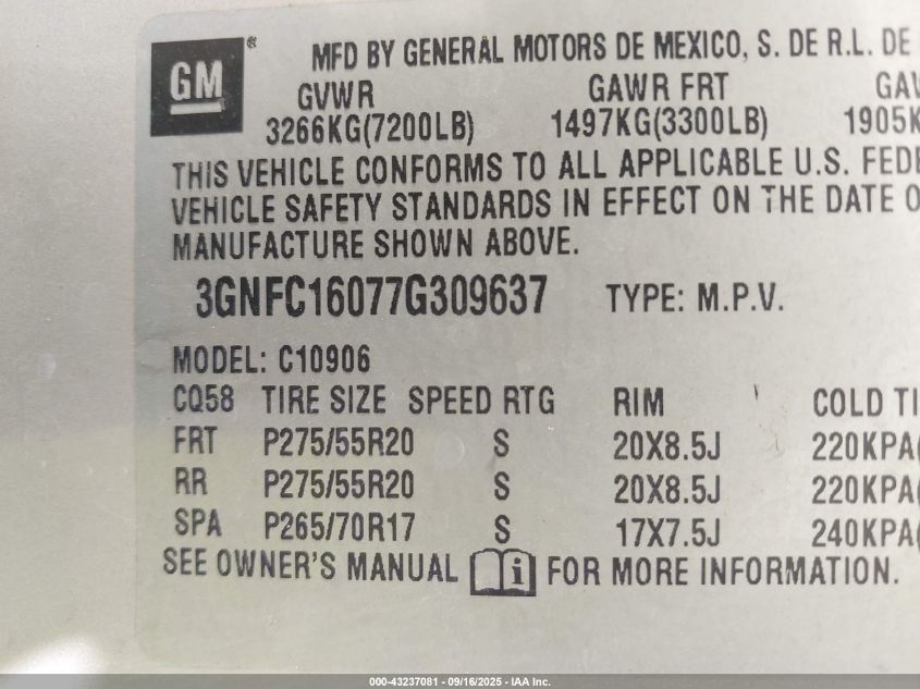 2007 Chevrolet Suburban 1500 Ltz VIN: 3GNFC16077G309637 Lot: 43237081
