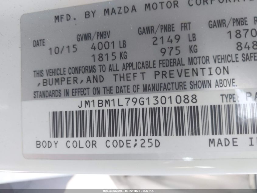 2016 Mazda Mazda3 I Touring VIN: JM1BM1L79G1301088 Lot: 43237094