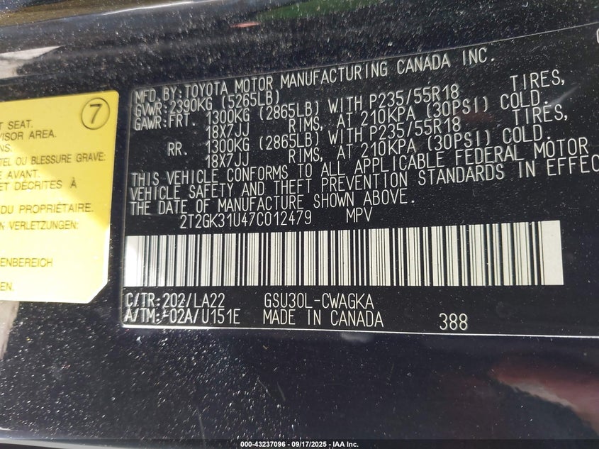 2007 Lexus Rx 350 VIN: 2T2GK31U47C012479 Lot: 43237096