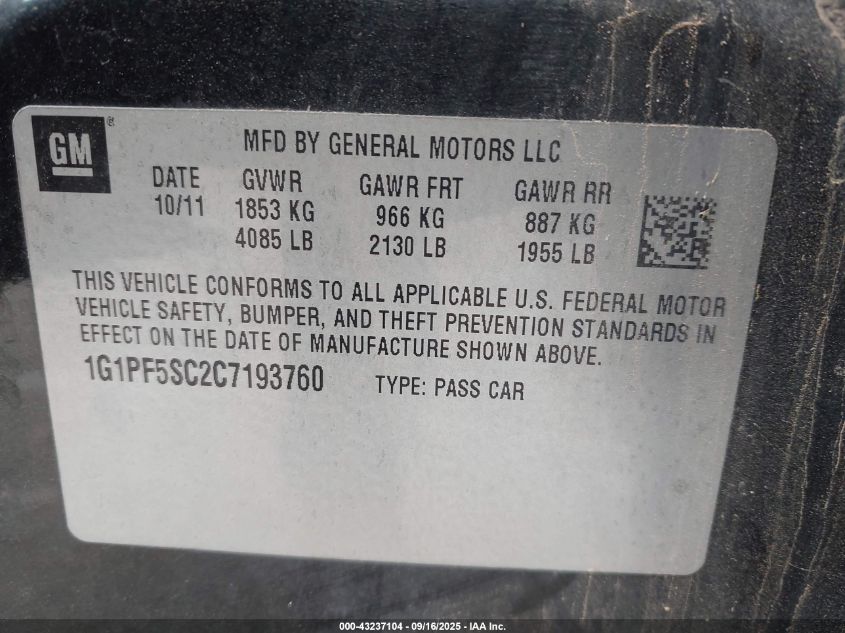 2012 Chevrolet Cruze 1Lt VIN: 1G1PF5SC2C7193760 Lot: 43237104