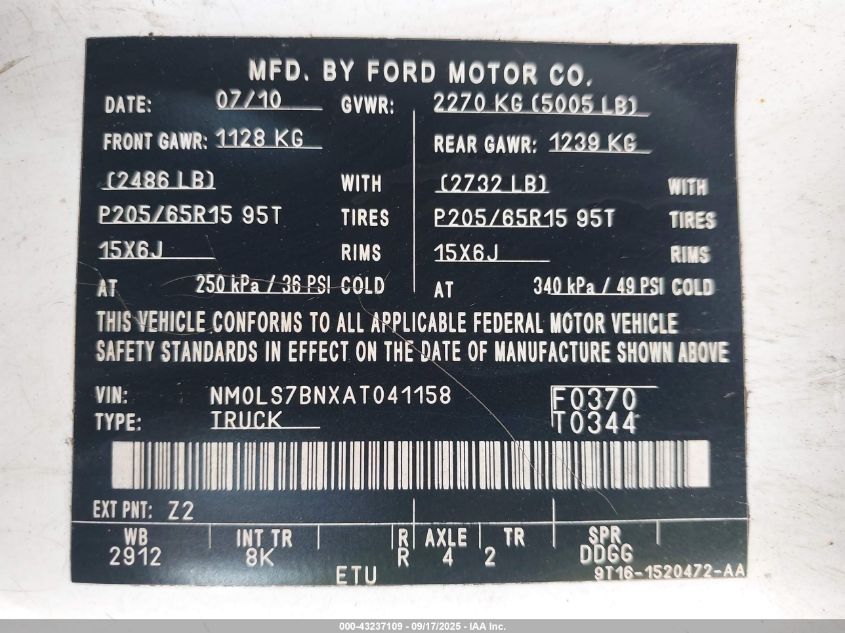 2010 Ford Transit Connect Xlt VIN: NM0LS7BNXAT041158 Lot: 43237109