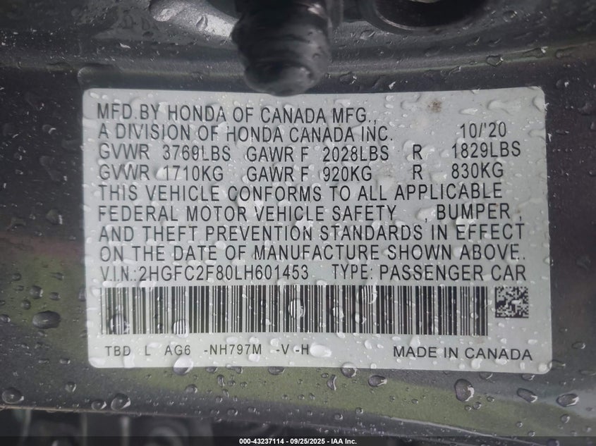 2HGFC2F80LH601453 2020 HONDA CIVIC photo no. 9