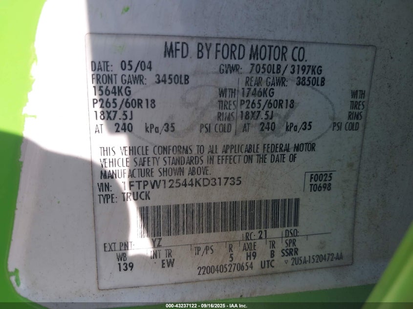 2004 Ford F-150 Lariat/Xlt VIN: 1FTPW12544KD31735 Lot: 43237122